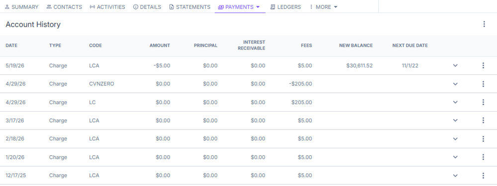 Payments menu, account history